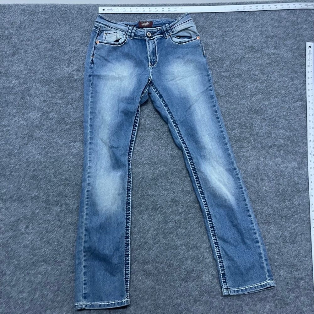 Angels Jeans Womens Size 8 Blue Straight Leg Thick Stitch Faded Stretch Denim